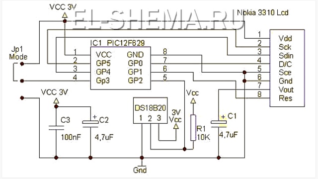 схема термометра на микроконтроллере PIC12F629